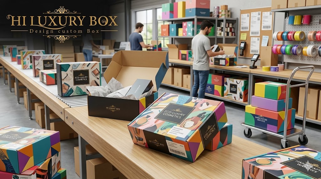 Corrugated box custom full color dengan desain brand untuk e-commerce dan pengiriman