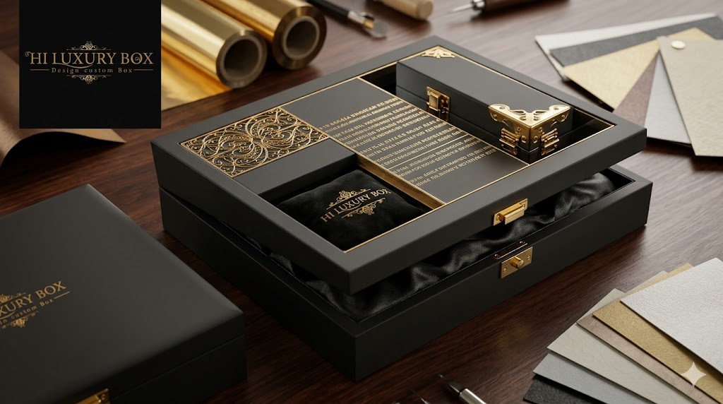 SoftBox custom Hiluxury Box untuk parfum dan skincare dengan finishing gold emboss