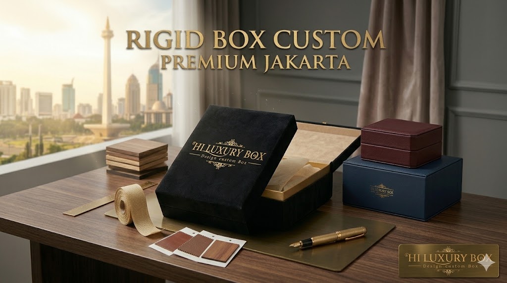 Koleksi rigid box custom premium Jakarta dari HiLuxury Box — magnetic box dengan finishing gold emboss untuk brand luxury