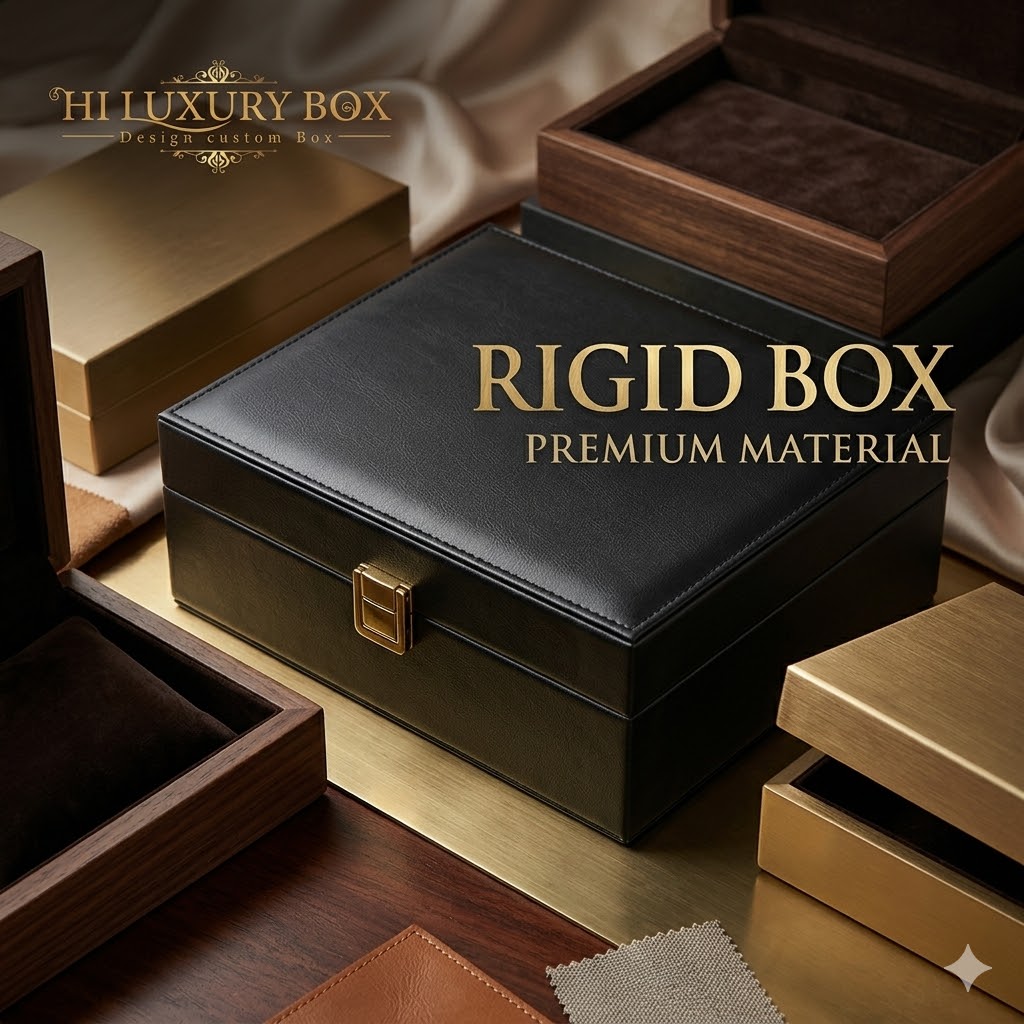 Material rigid box premium dari HiLuxury Box Jakarta — greyboard tebal dengan pelapis art paper dan finishing gold
