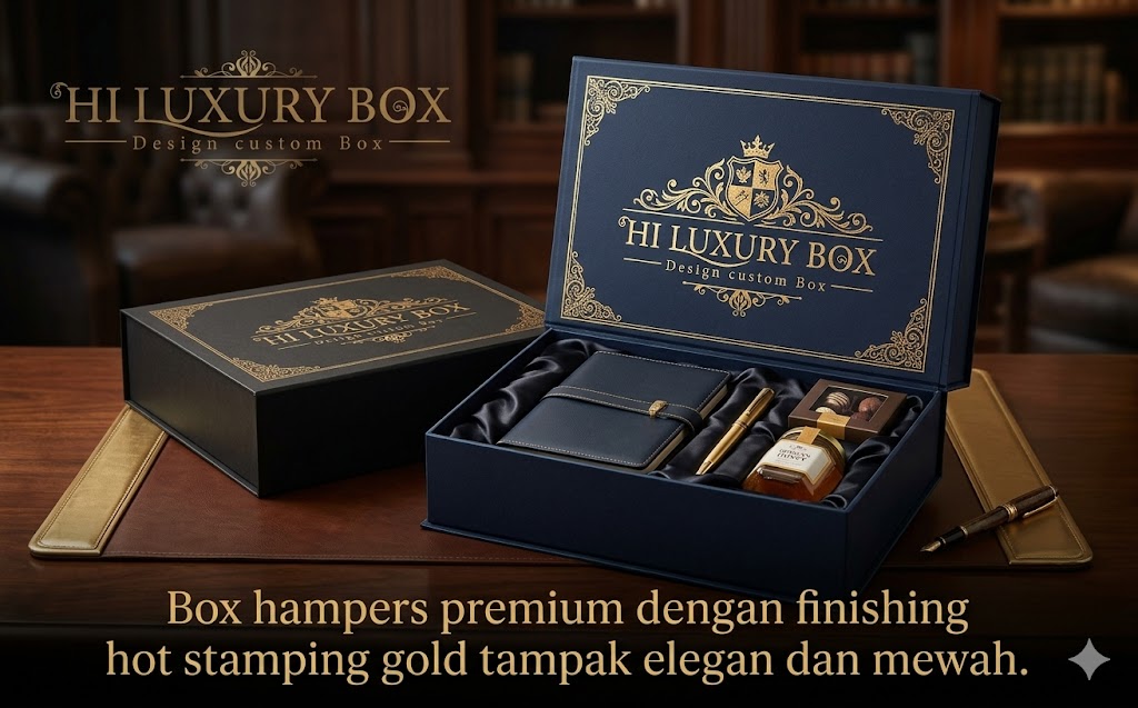 Box hampers premium dengan finishing hot stamping gold tampak elegan dan mewah