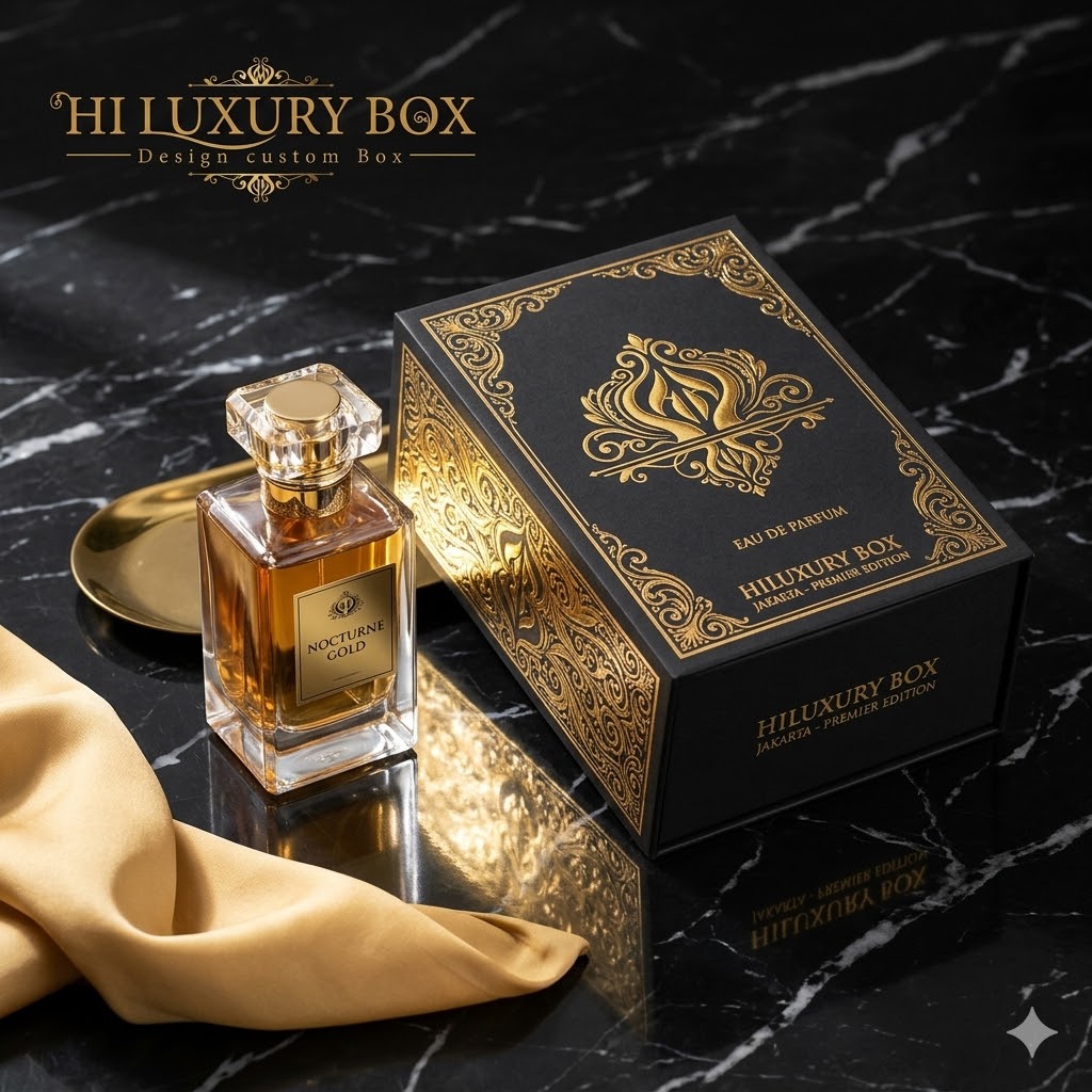 Box parfum custom premium dengan finishing hot stamping gold dari Hiluxury Box Jakarta