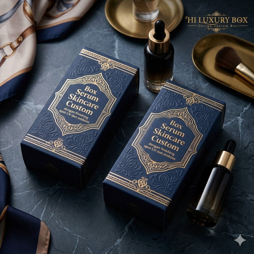 Box serum skincare custom dengan finishing spot UV dan emboss logo brand dari Hiluxury Box