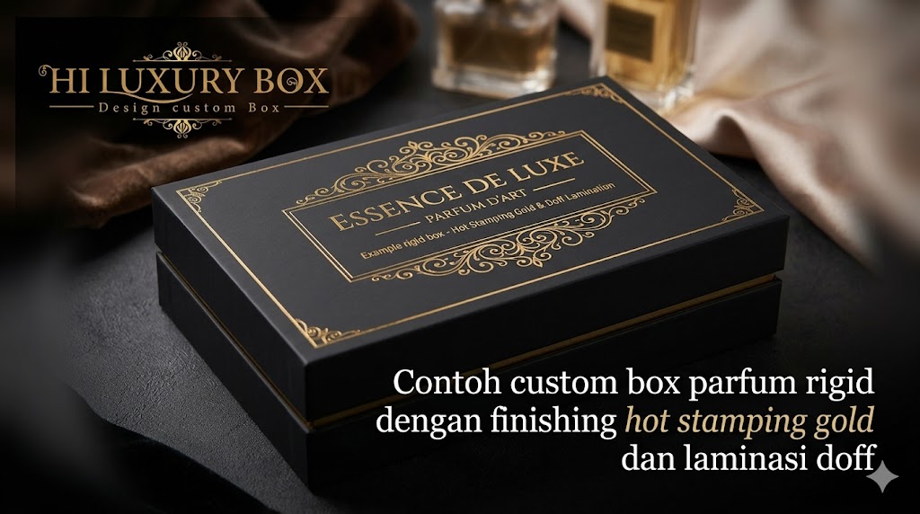 custom box parfum rigid dengan finishing hot stamping gold dan laminasi doff