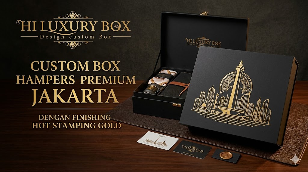 Custom box hampers premium Jakarta dengan finishing hot stamping gold dari Hiluxury Box
