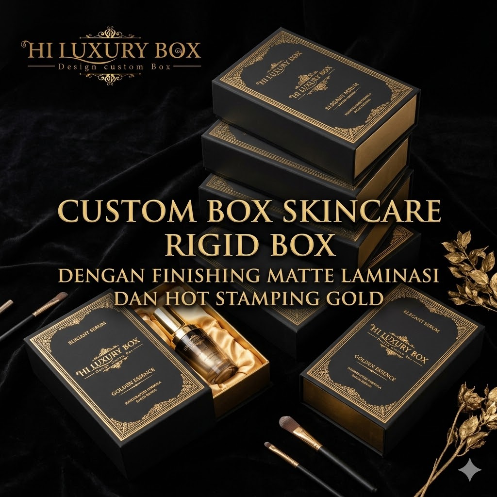 Custom box skincare premium dengan finishing matte dan hot stamping gold dari Hiluxury Box Jakarta