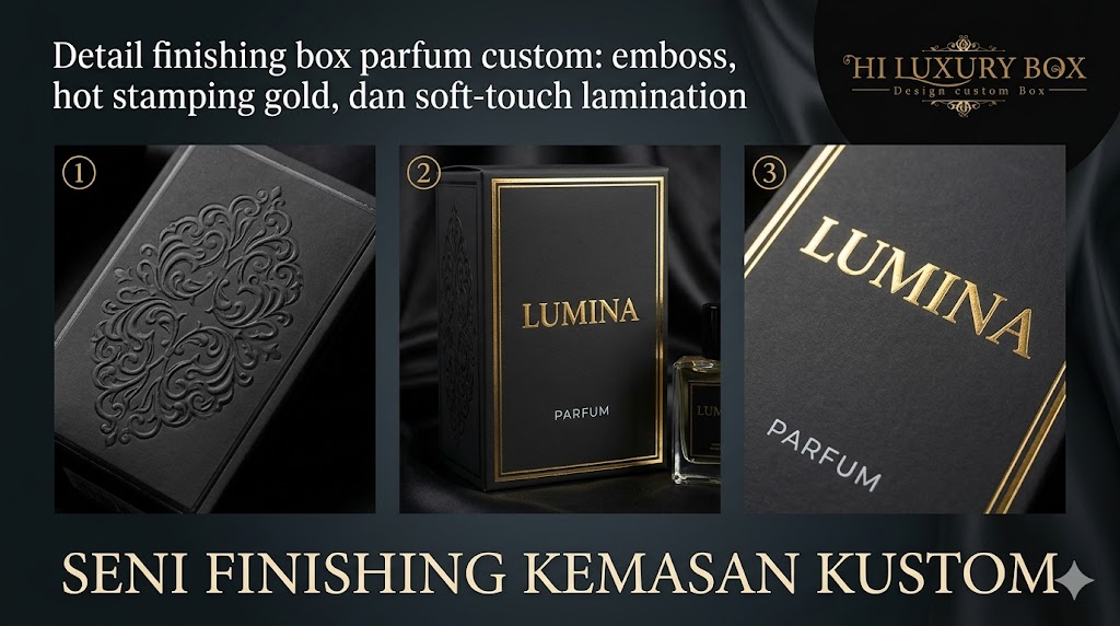 Detail finishing box parfum custom: emboss, hot stamping gold, dan soft-touch lamination dari Hiluxury Box