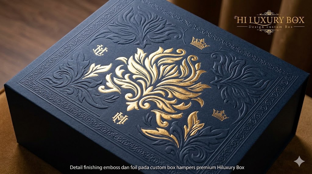Detail finishing emboss dan foil pada custom box hampers premium Hiluxury Box