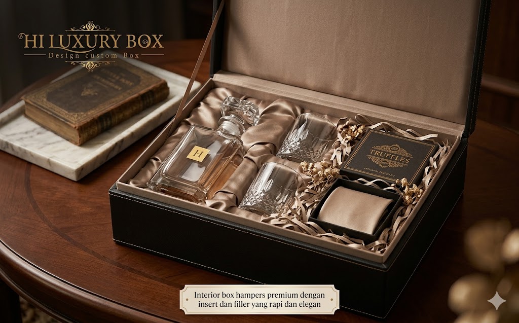 Interior box hampers premium dengan insert dan filler yang rapi dan elegan