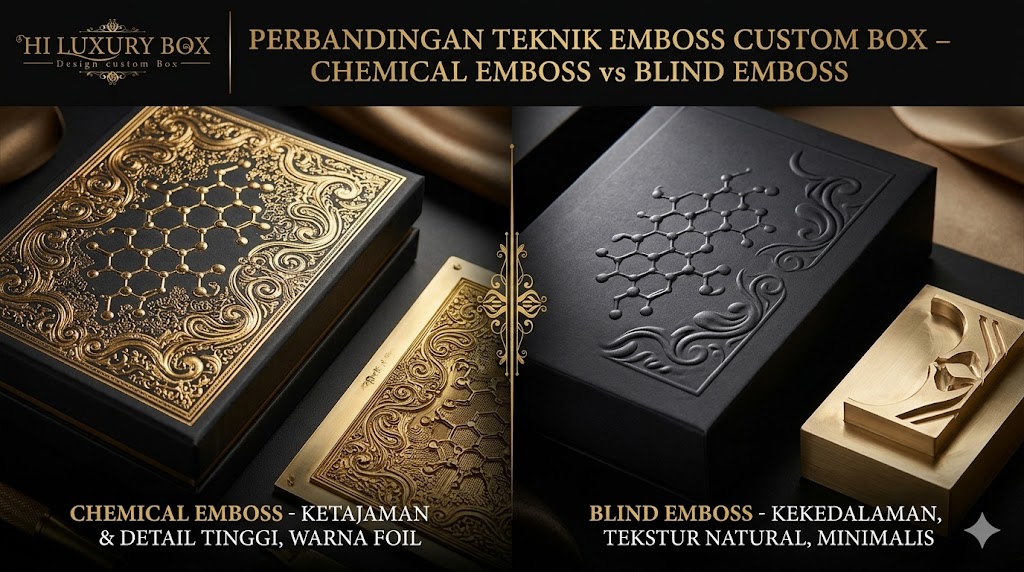Perbandingan teknik emboss custom box – chemical emboss vs blind emboss Hiluxury Box Jakarta