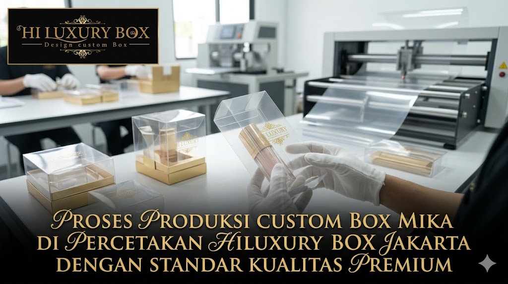 Proses produksi custom box mika di percetakan Hiluxury Box Jakarta dengan standar kualitas premium