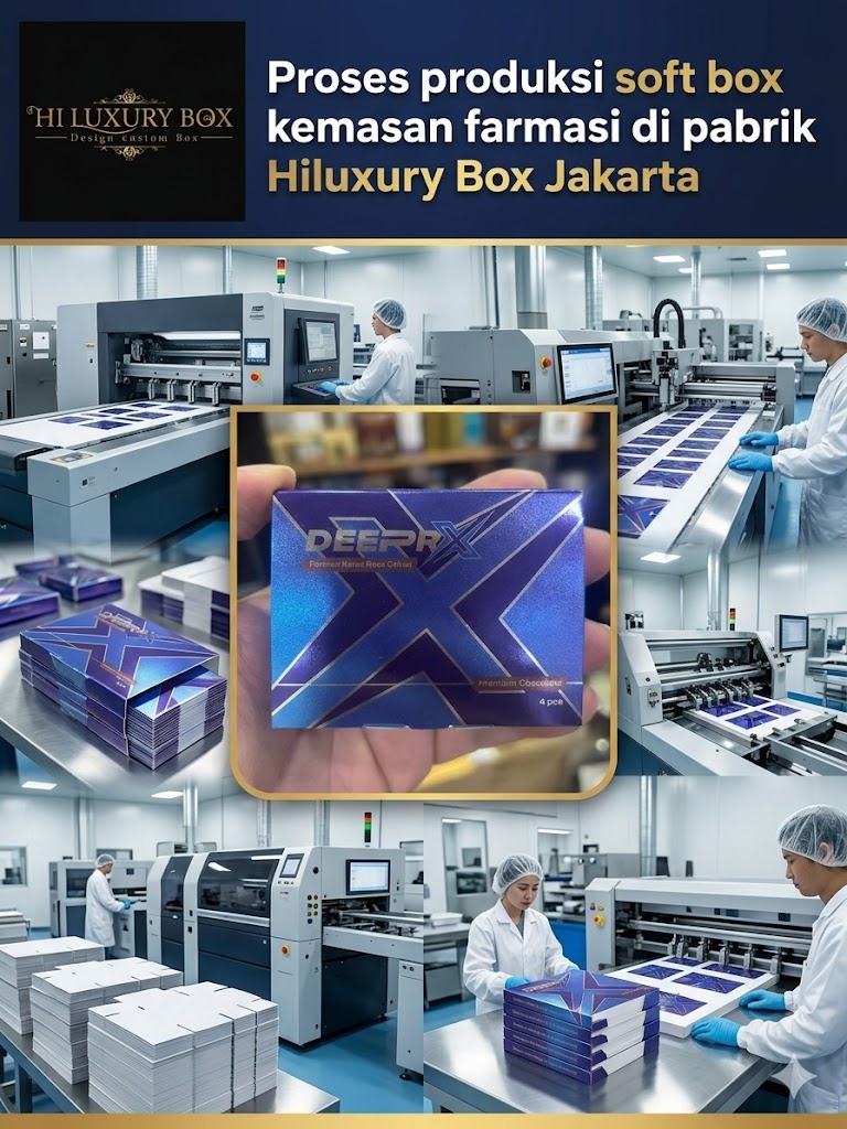 Proses produksi soft box kemasan farmasi di pabrik Hiluxury Box Jakarta