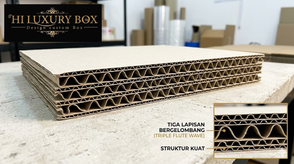 Struktur corrugated carton box berlapis tiga dengan flute gelombang — kemasan kuat untuk pengiriman