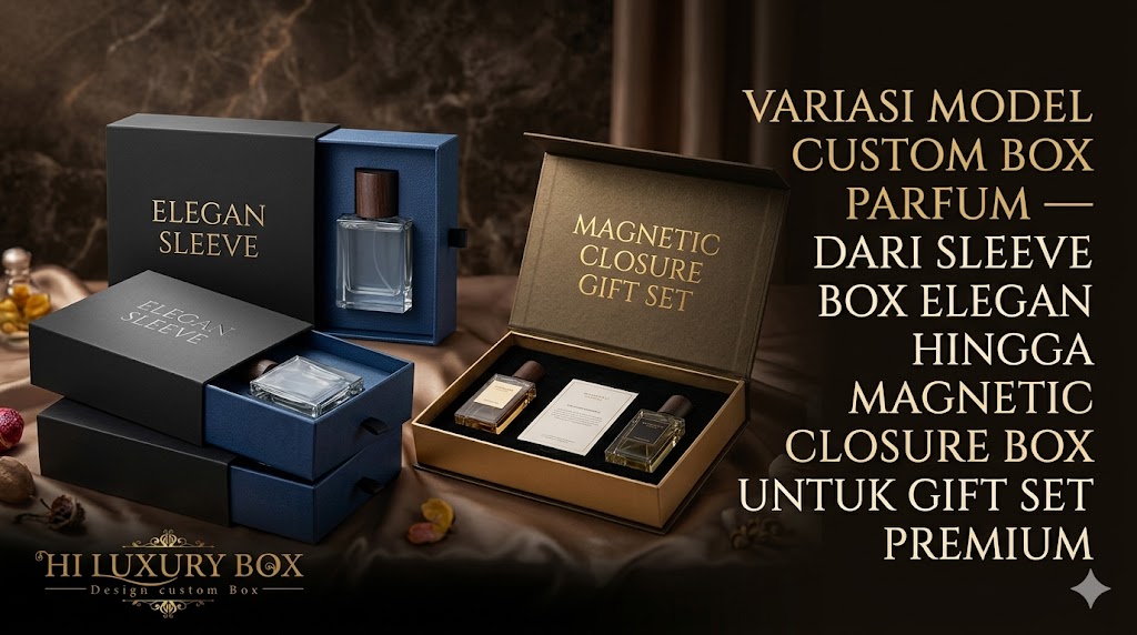 Variasi model custom box parfum — dari sleeve box elegan hingga magnetic closure box untuk gift set premium