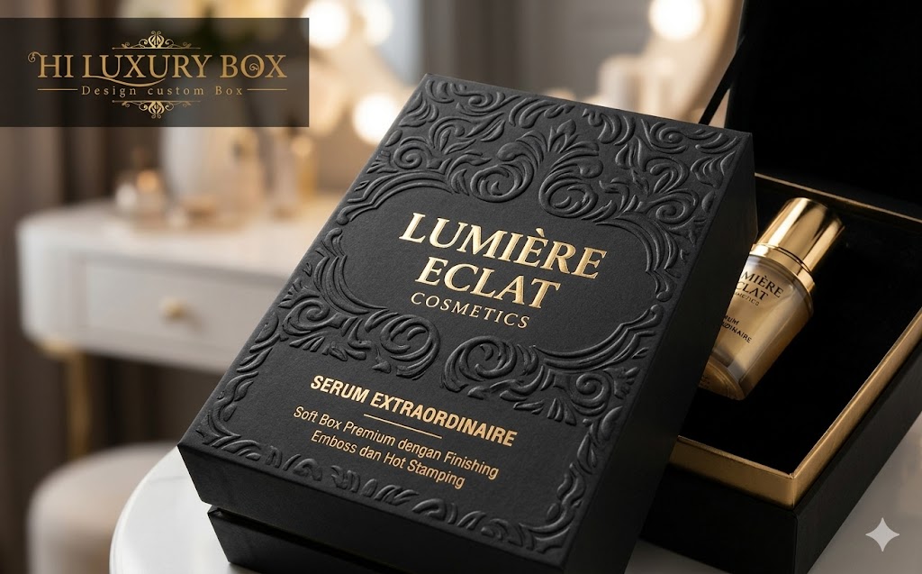 Contoh soft box premium dengan finishing emboss dan hot stamping untuk produk kosmetik