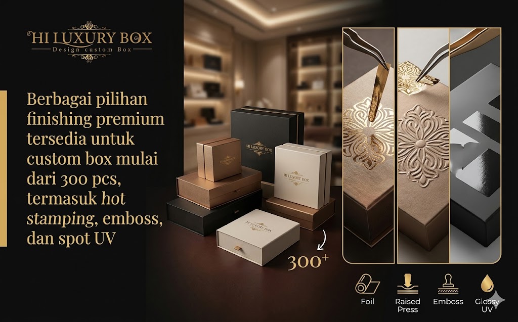 Finishing premium custom box hot stamping emboss spot UV Hiluxury Box Jakarta