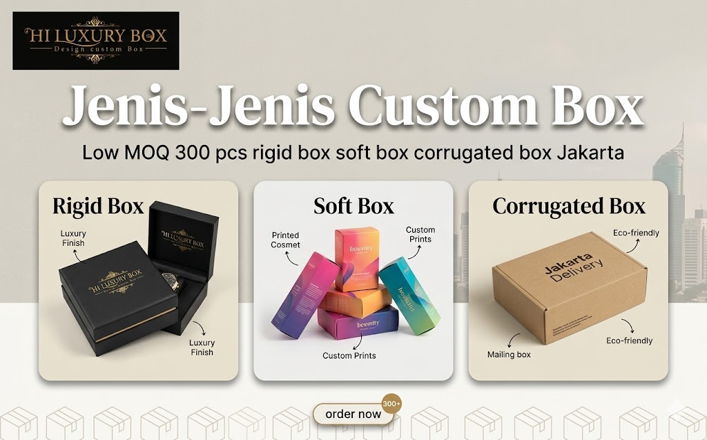 Jenis-jenis custom box low MOQ 300 pcs rigid box soft box corrugated box Jakarta
