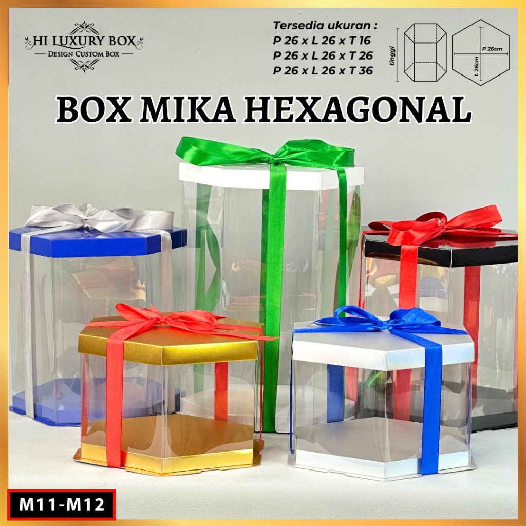 Box Mika Hexagonal - Cake Box - Box Segi Enam Kue Mika Transparan Dus Hadiah Hantaran-22X22 -Tutup Warna M11