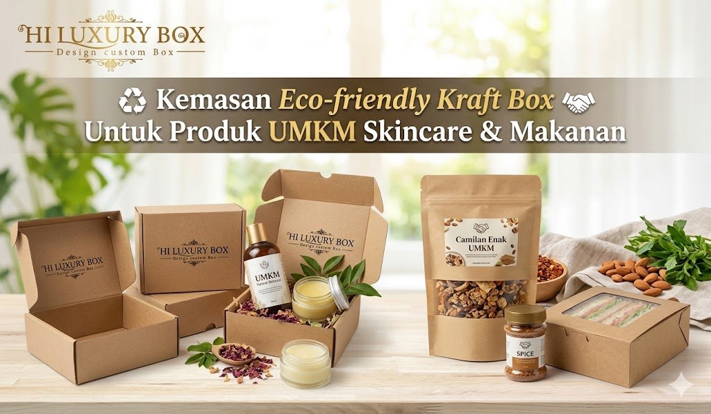 Contoh kemasan eco-friendly kraft box untuk produk UMKM skincare dan makanan
