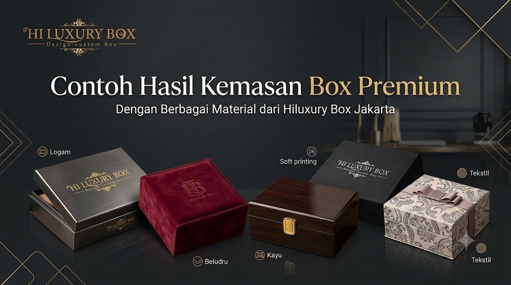 Contoh hasil kemasan box premium dengan berbagai material dari Hiluxury Box Jakarta