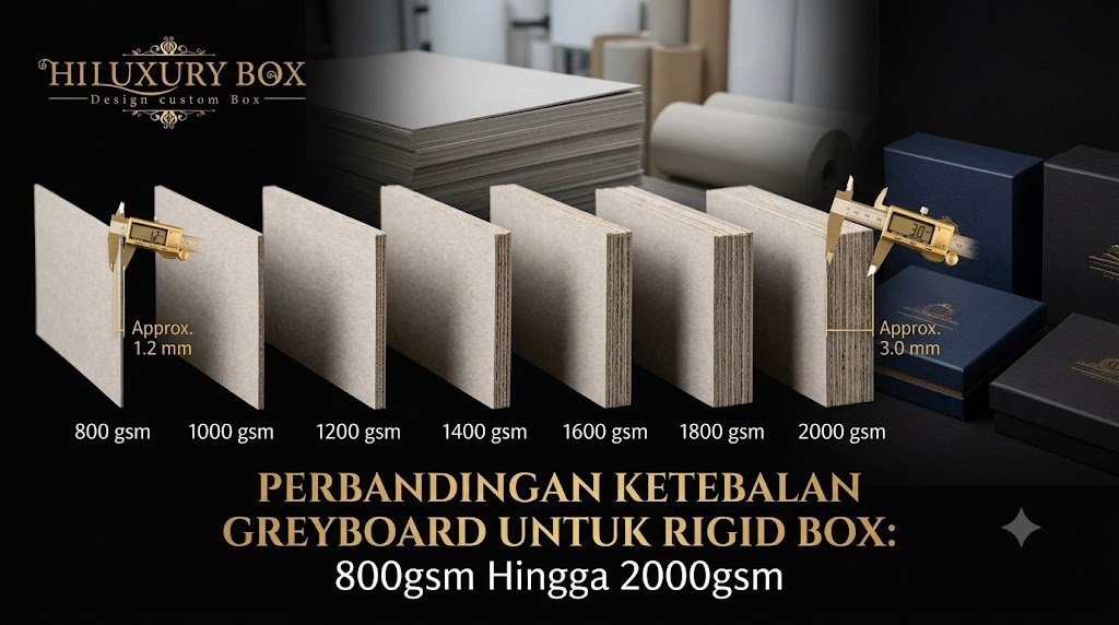 Perbandingan ketebalan greyboard untuk rigid box mulai dari 800gsm hingga 2000gsm