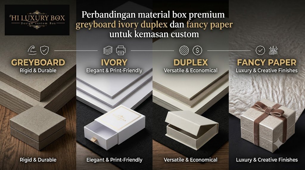 Perbandingan material box premium greyboard ivory duplex dan fancy paper untuk kemasan custom