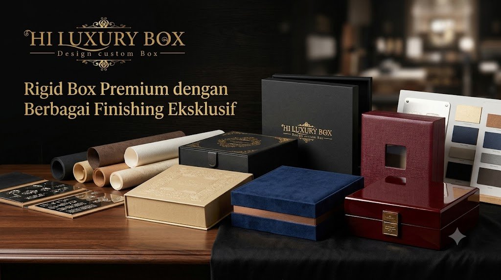 Rigid box premium dengan berbagai finishing eksklusif dari Hiluxury Box Jakarta
