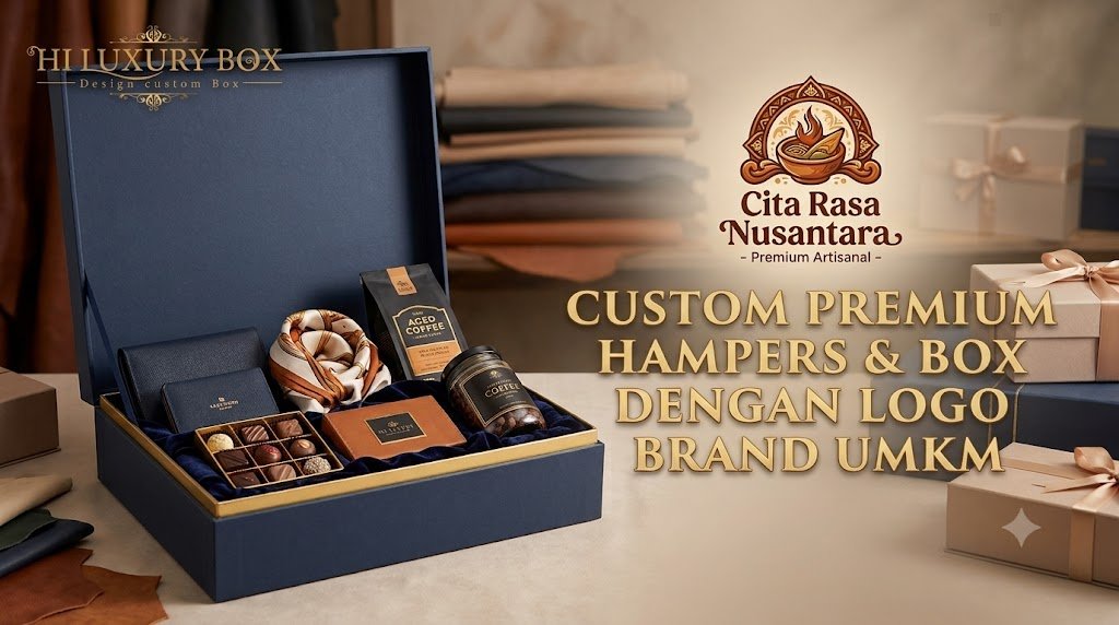 Contoh custom box hampers premium dengan logo brand UMKM