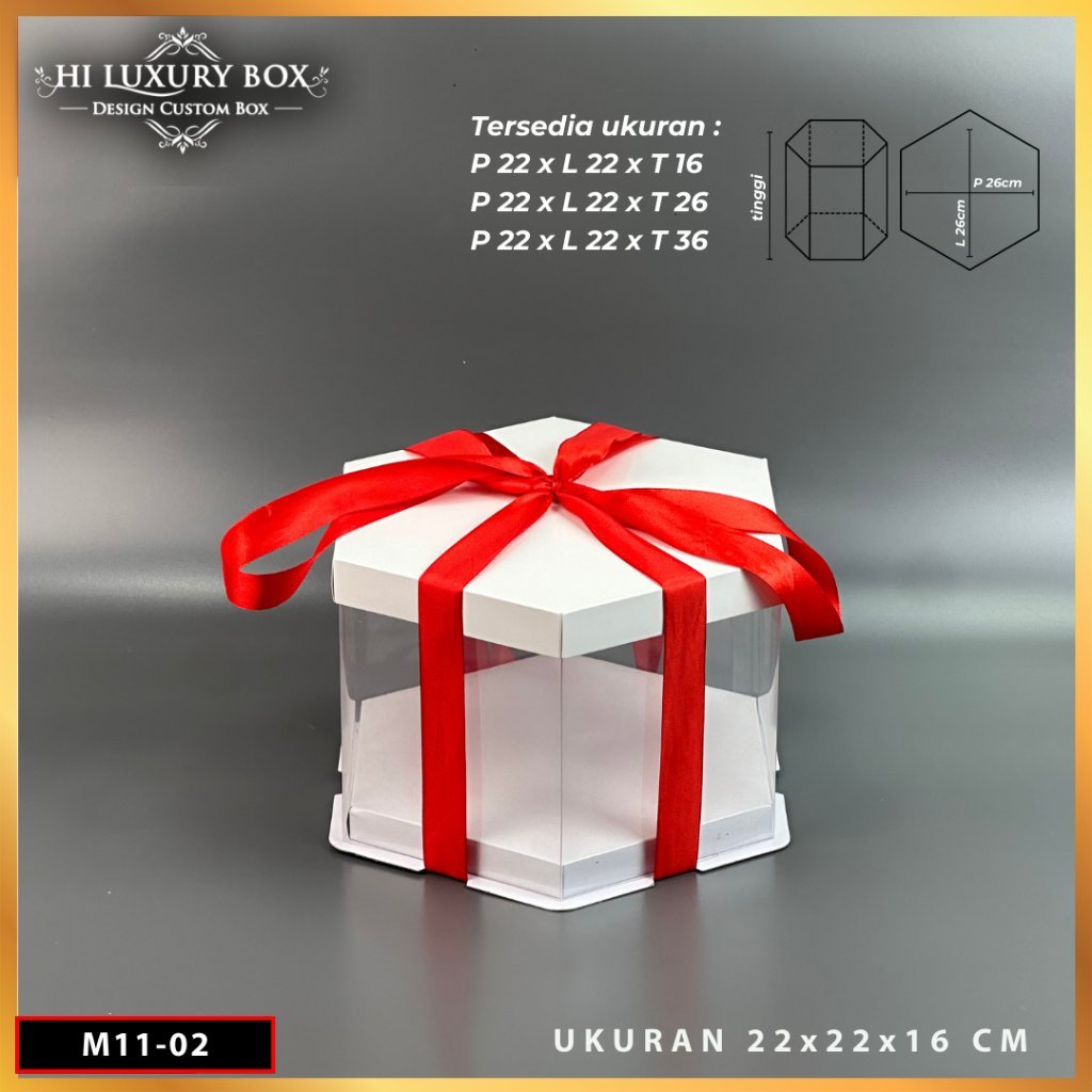 Box Mika Hexagonal - Cake Box - Box Segi Enam Kue Mika Transparan Dus Hadiah Hantaran-22X22 -Tutup Warna M11 - Image 2