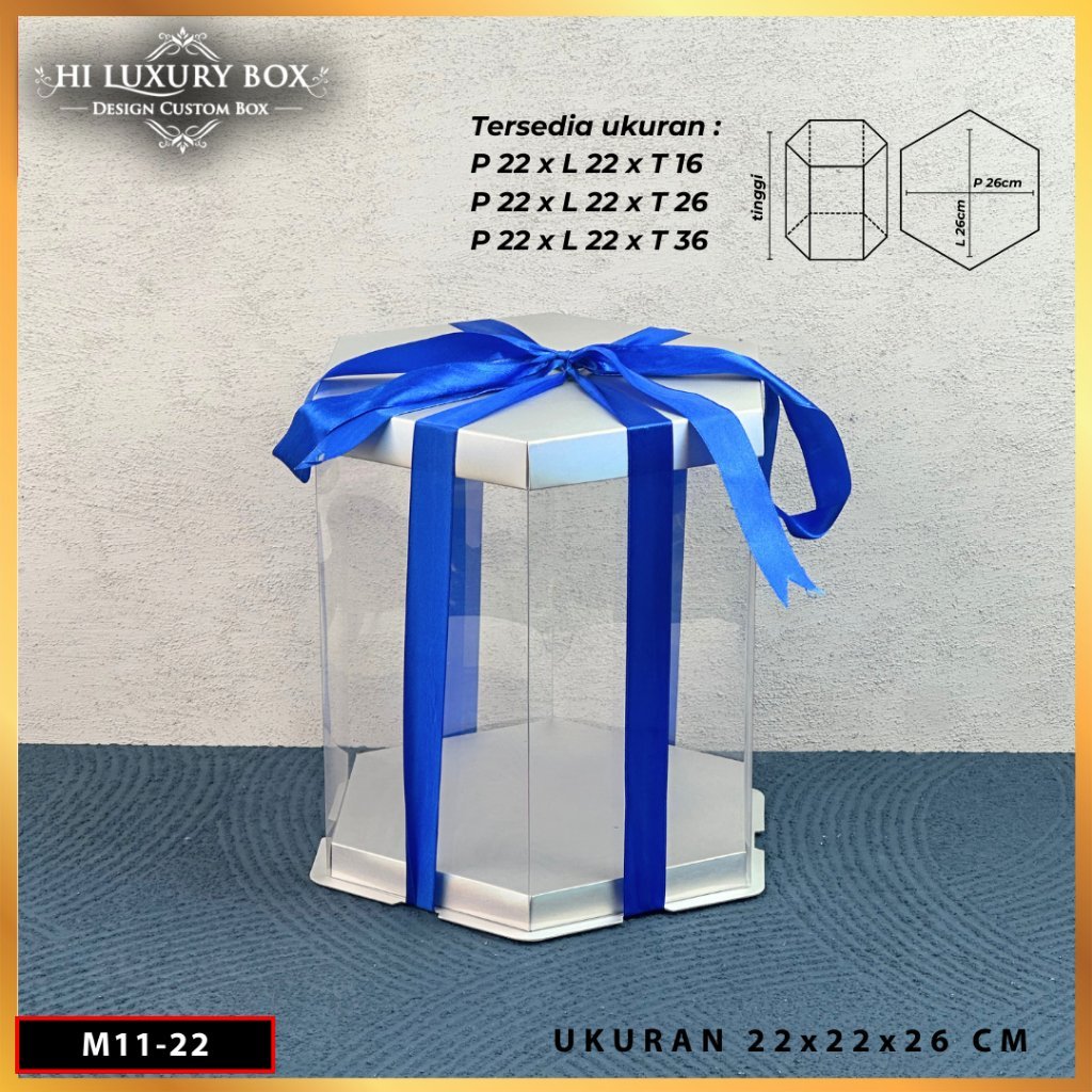 Box Mika Hexagonal - Cake Box - Box Segi Enam Kue Mika Transparan Dus Hadiah Hantaran-22X22 -Tutup Warna M11 - Image 5