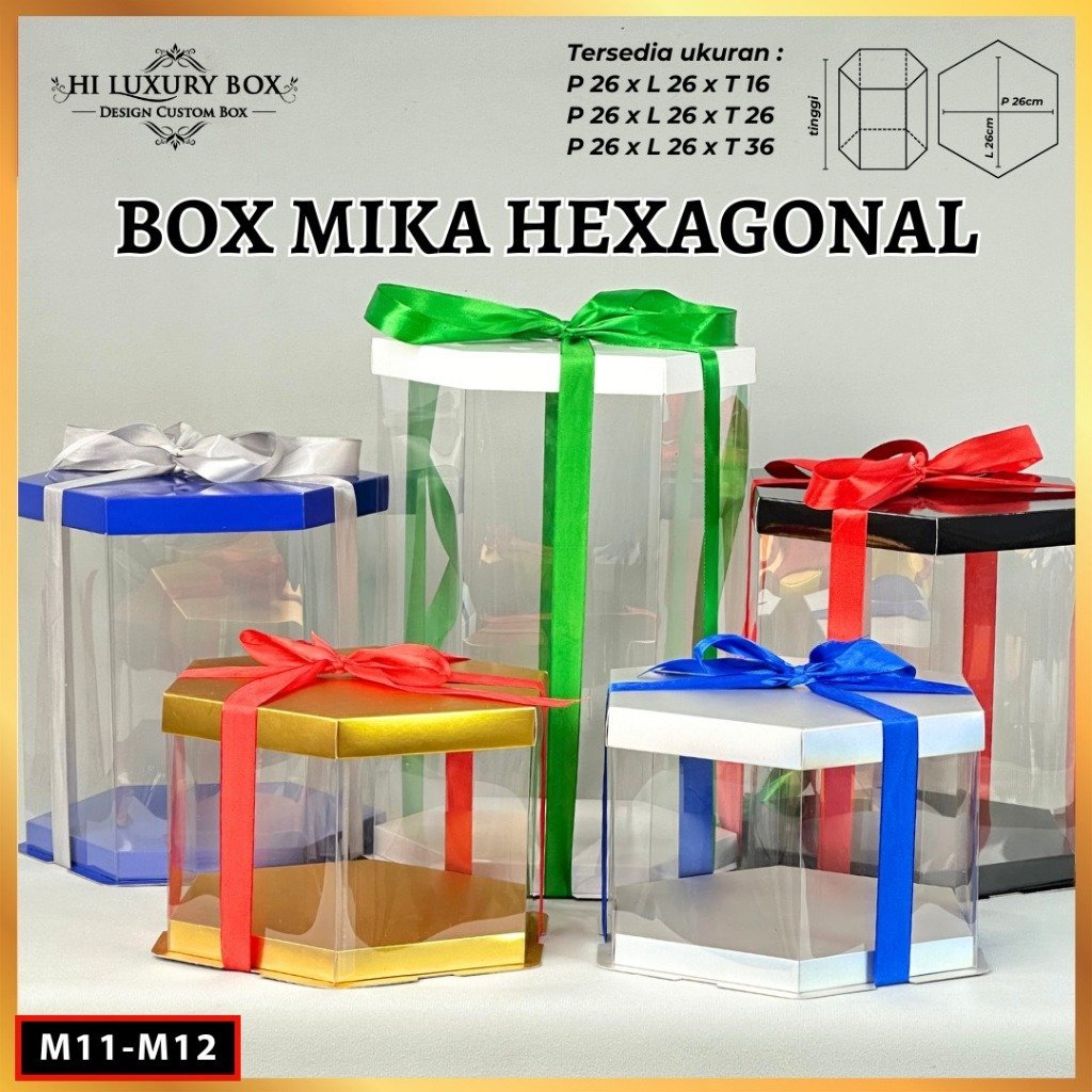 Box Mika Hexagonal - Cake Box - Box Segi Enam Kue Mika Transparan Dus Hadiah Hantaran-22X22 -Tutup Warna M11