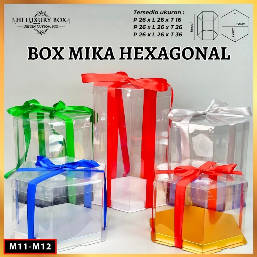 Box Mika Hexagonal - Cake Box - Box Segi Enam Kue Mika Transparan Dus Hadiah Hantaran -Tutup Warna Uk 26x26 - M12